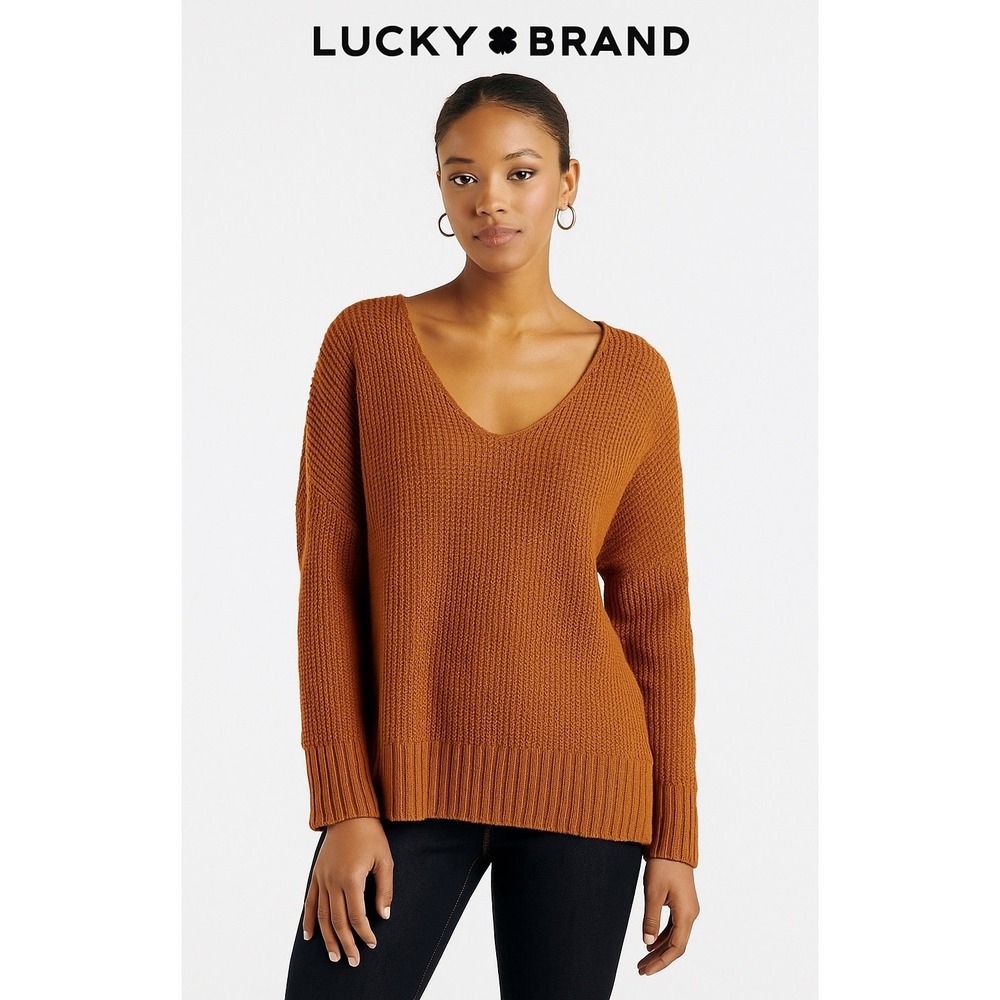 Lucky Brand Women's L/G V Neck Textured Knit Sweater Brown Cotton Thanksgiving‎